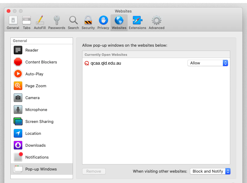 Safari:Adding to sites allowed pop-ups