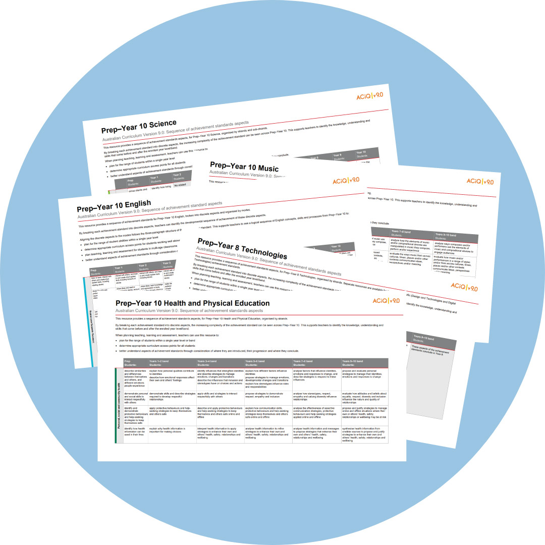 Screenshots of sequence of achievement standards documents